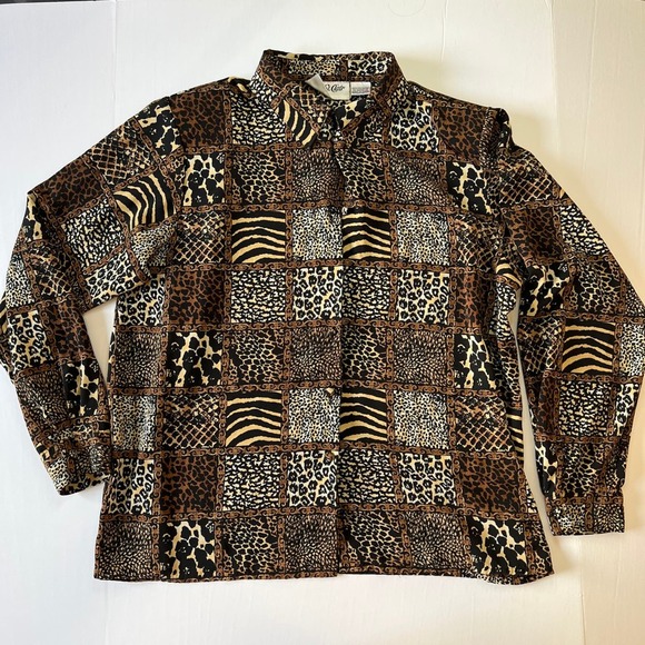 Vintage 80's Collared Blouse Brown Animal Print Button Down Yves St. Clair - Picture 2 of 6